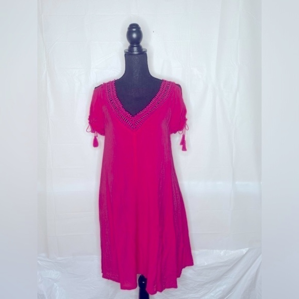 Robin Piccone Pink Dress flowy fabric and intricate crochet detailing Size L - Picture 3 of 8